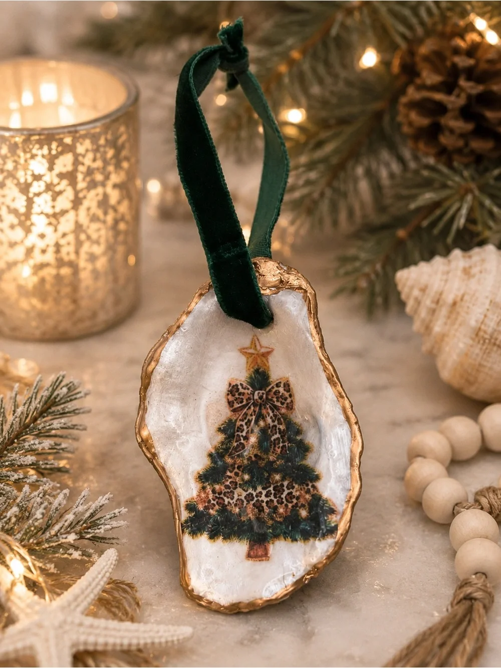 Green Velvet Ribbon Leopard Tree Oyster Shell Ornament - Home Holiday